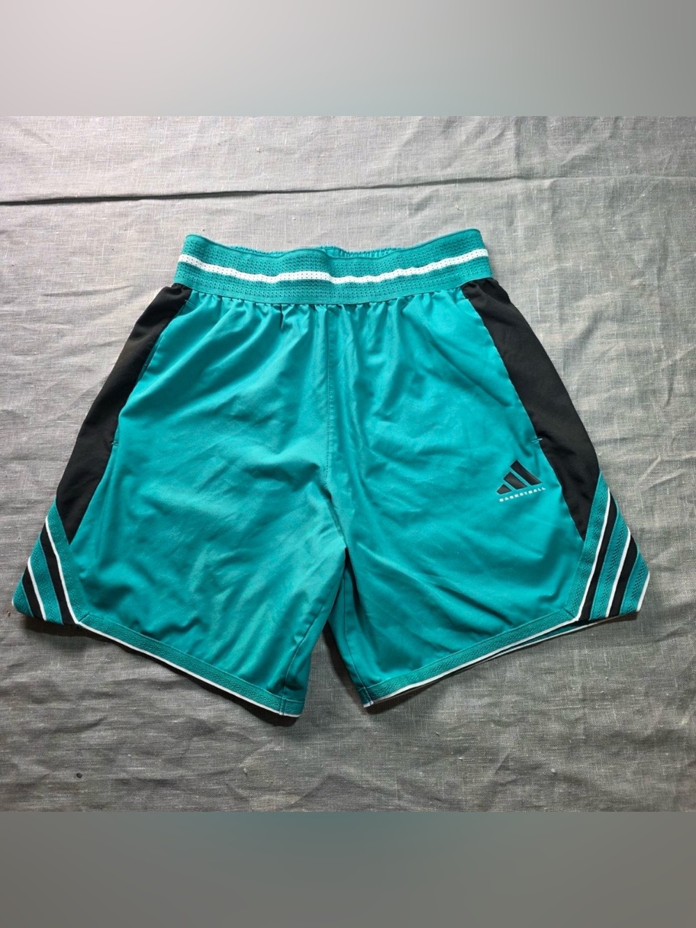 Adidas Mens Basketball Shorts Small Teal Green Black Striped Climacool Loose Fit